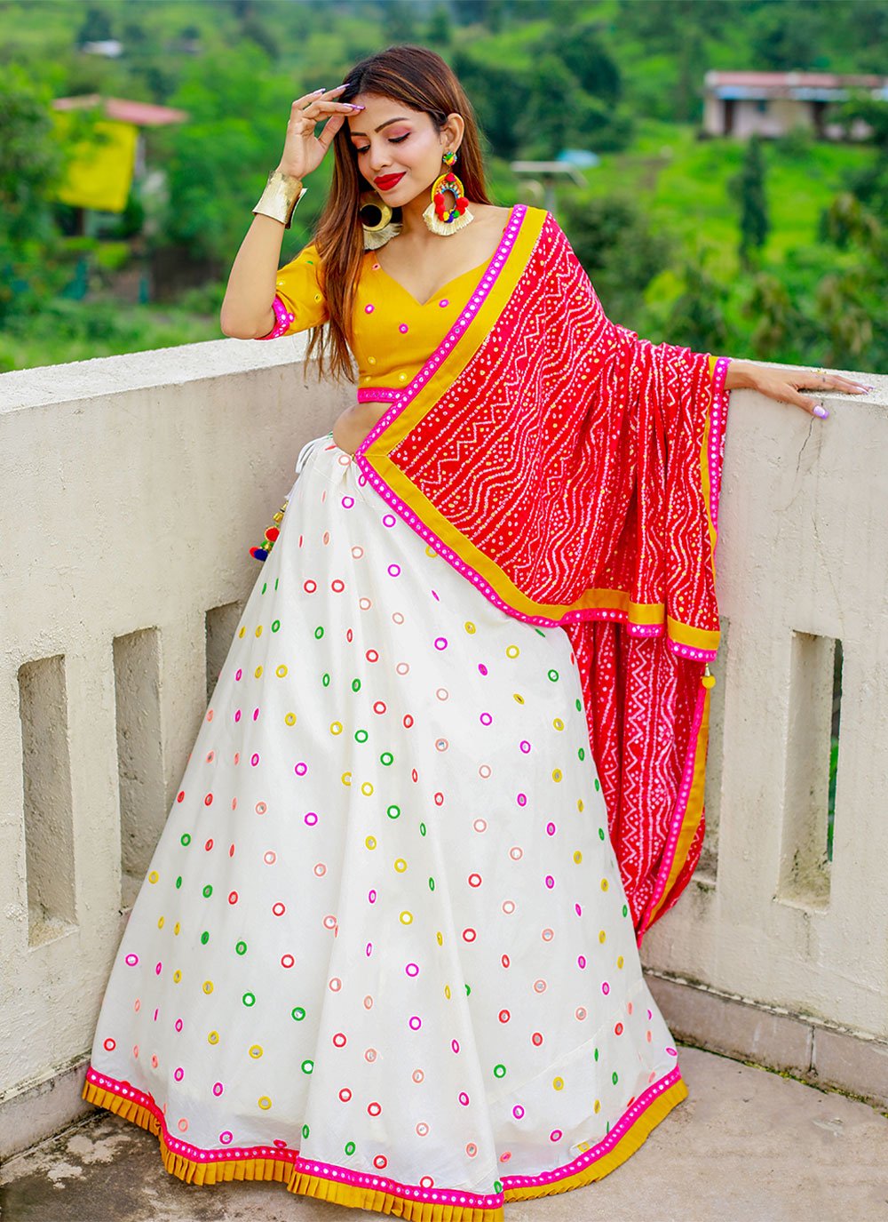 A Line Lehenga Cotton Mustard White Lace Lehenga Choli