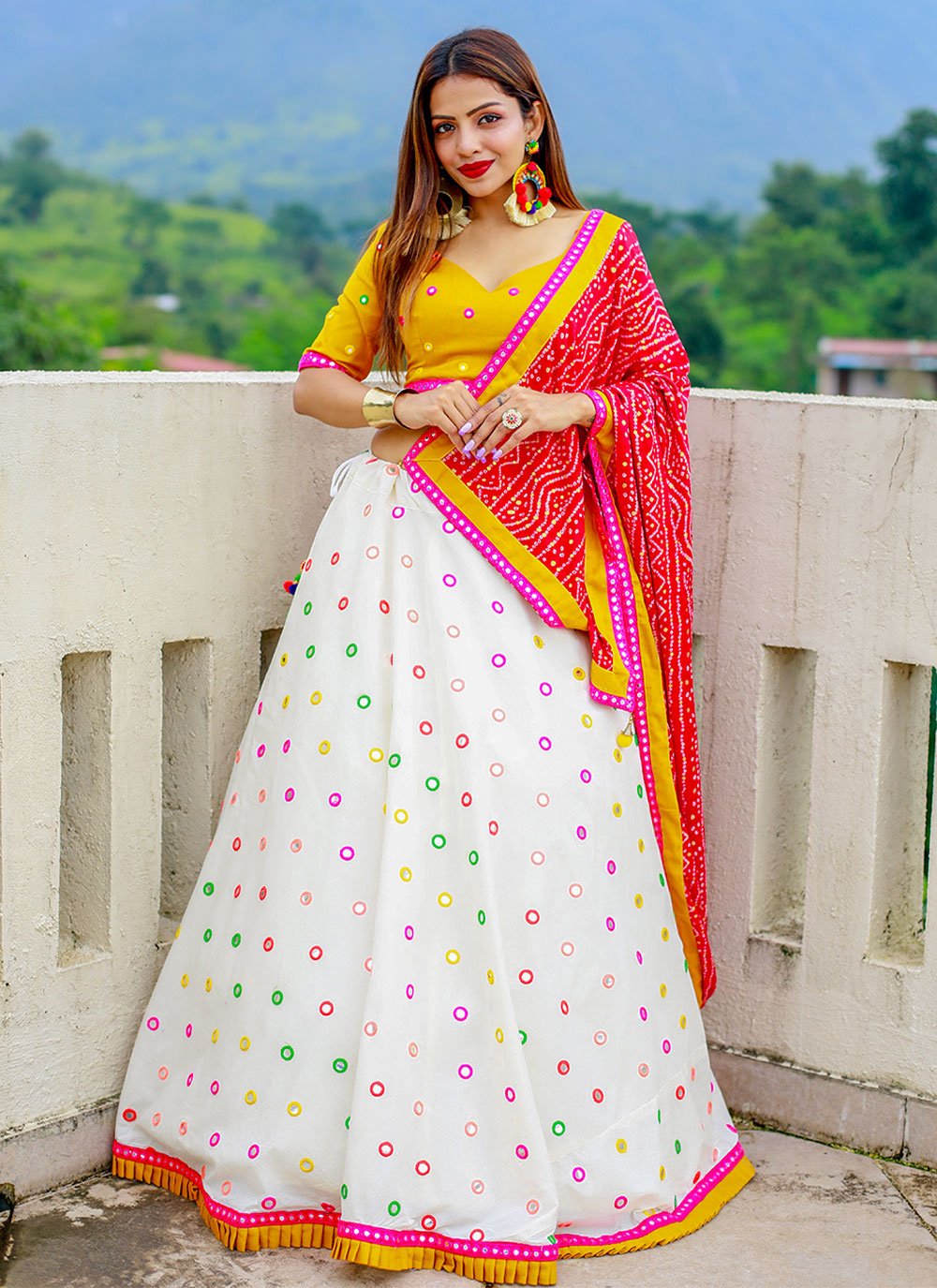 A Line Lehenga Cotton Mustard White Lace Lehenga Choli