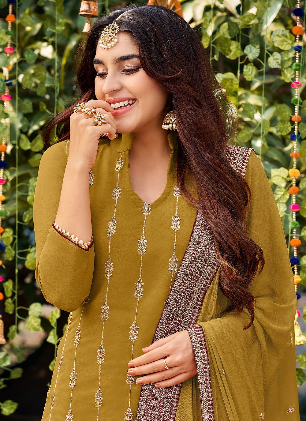 Straight Salwar Suit Faux Georgette Mustard Wine Embroidered Salwar Kameez