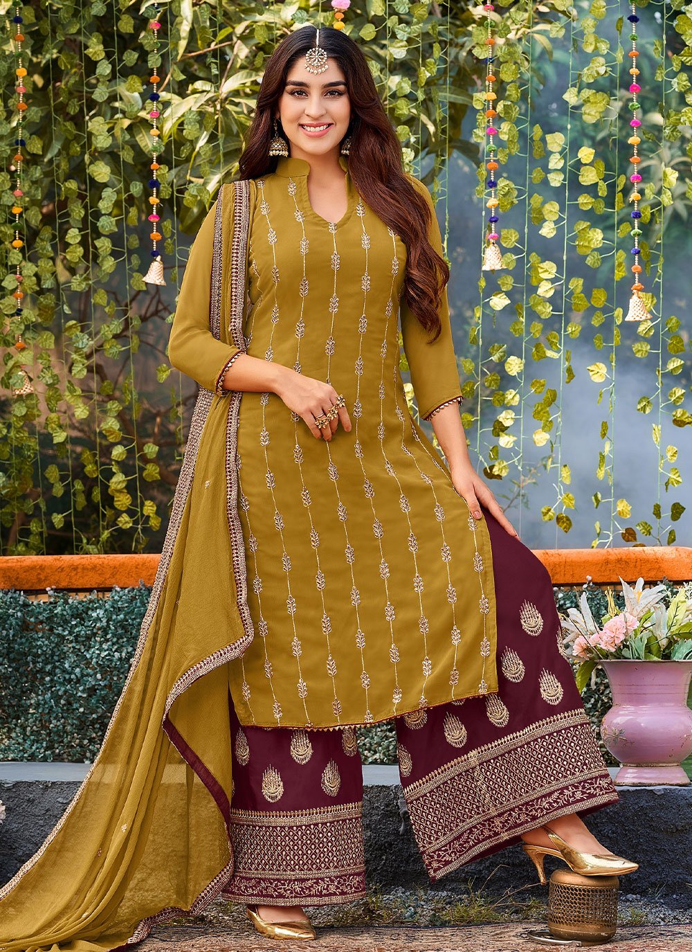 Straight Salwar Suit Faux Georgette Mustard Wine Embroidered Salwar Kameez