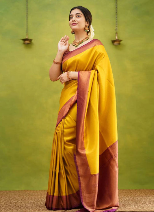 Contemporary Banarasi Silk Mustard Jacquard Work Saree