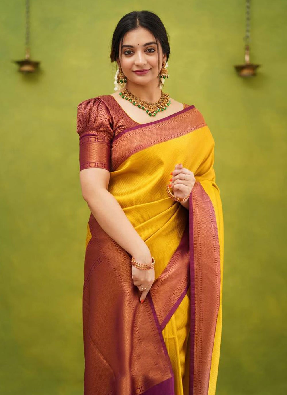 Contemporary Banarasi Silk Mustard Jacquard Work Saree