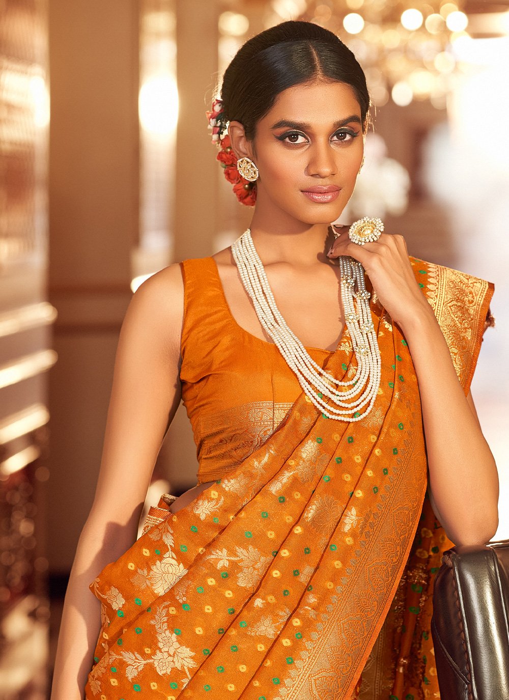 Contemporary Chiffon Mustard Jacquard Work Saree