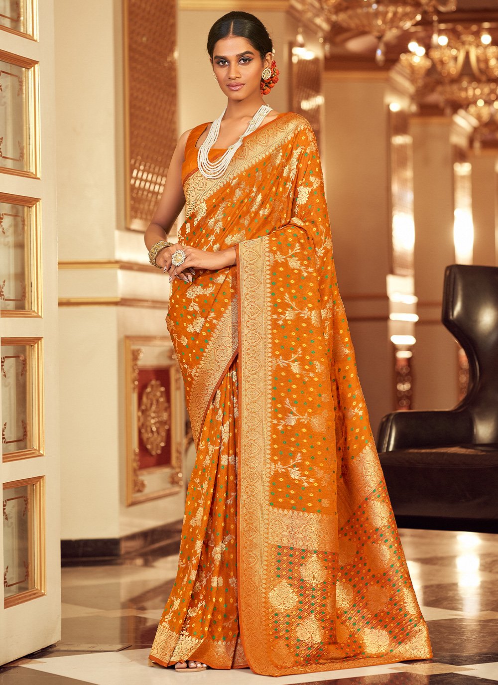 Contemporary Chiffon Mustard Jacquard Work Saree