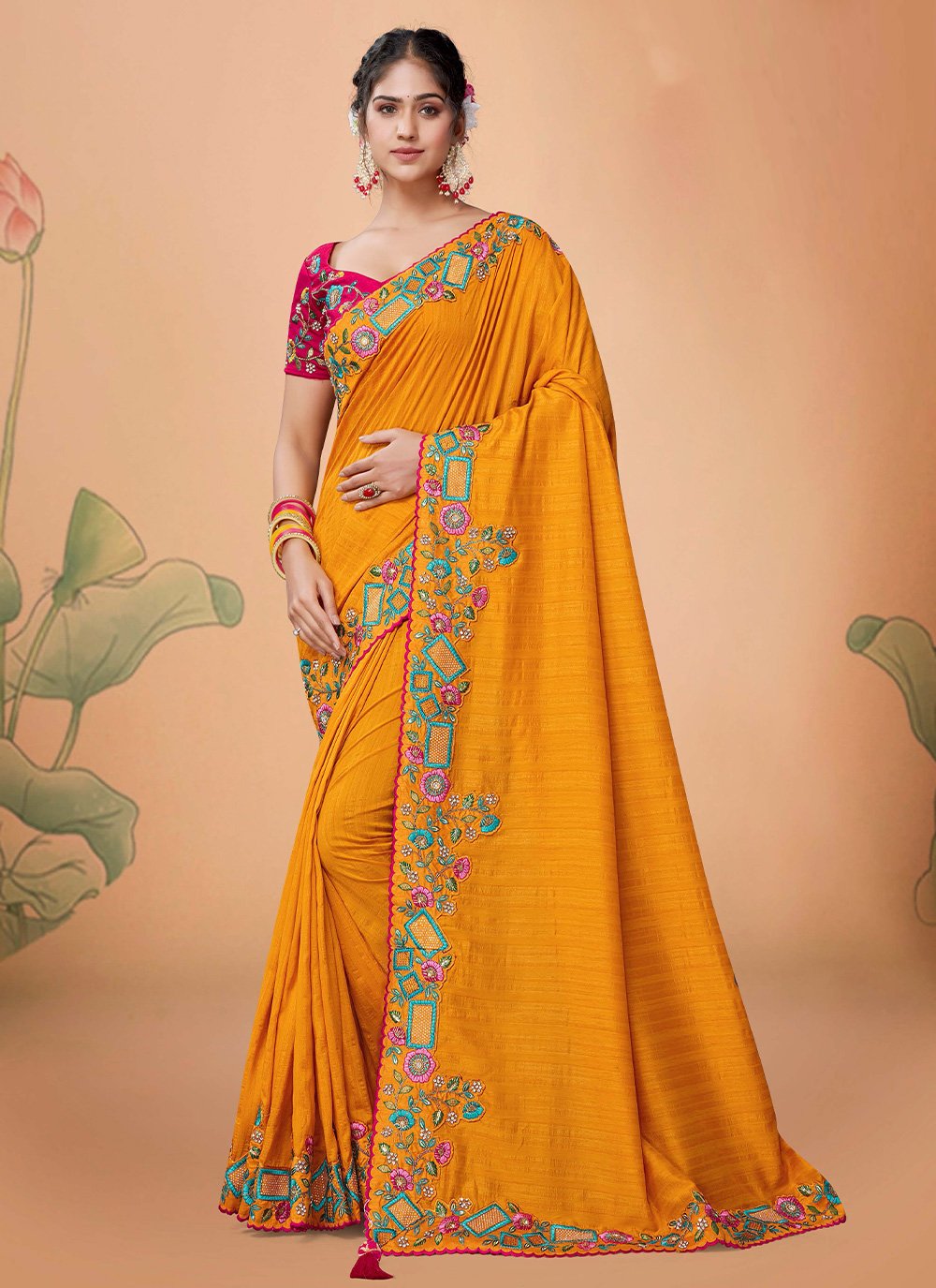 Classic Silk Mustard Embroidered Saree