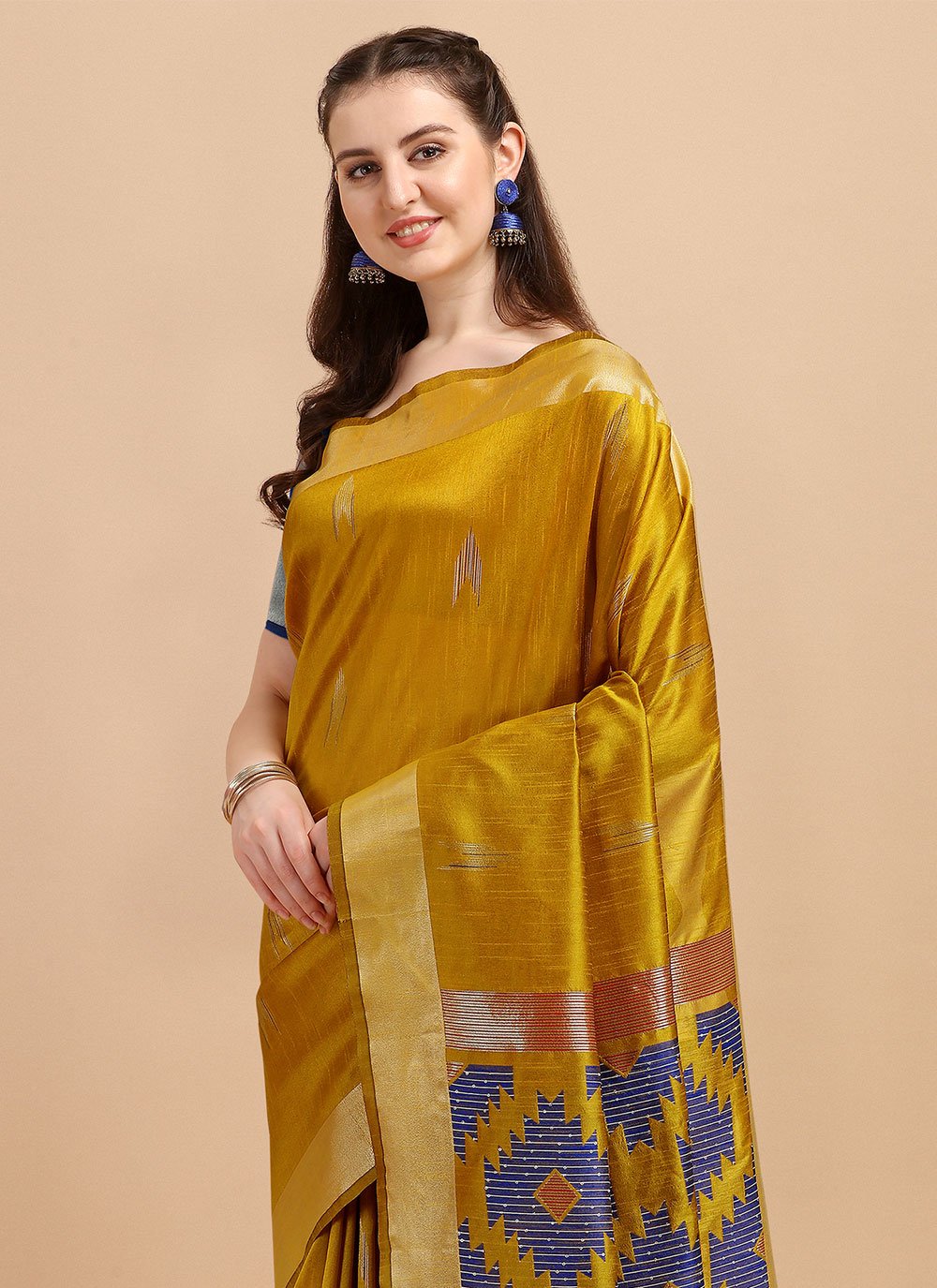 Contemporary Banglori Silk Raw Silk Mustard Sequins Saree