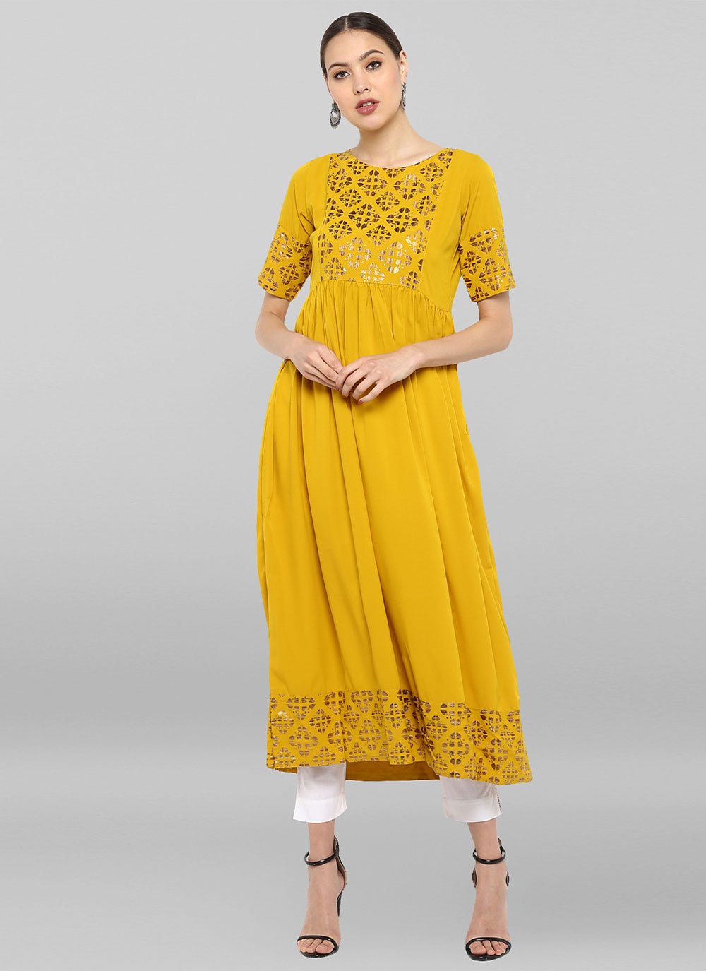 Designer Kurti Faux Crepe Mustard Foil Print Kurtis