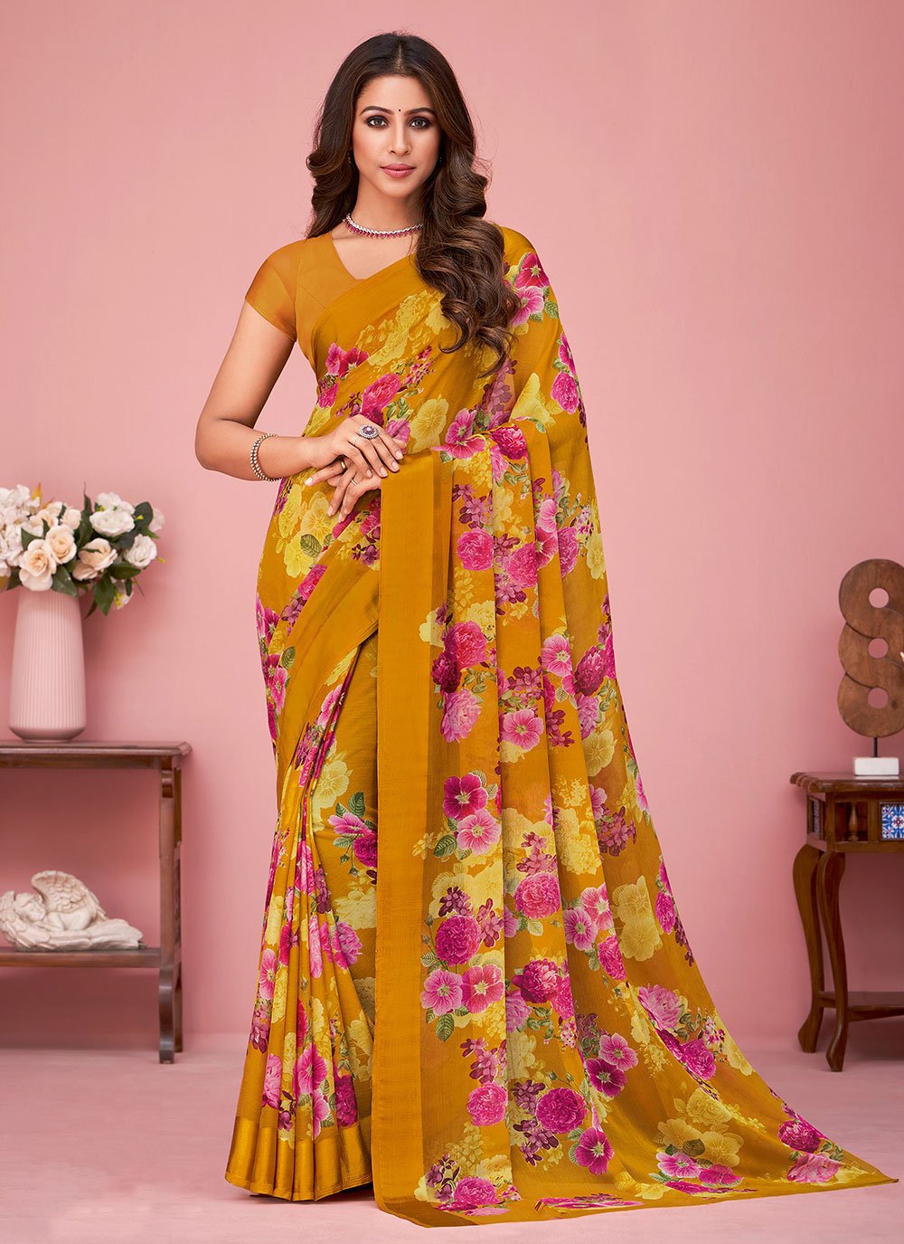 Classic Faux Chiffon Mustard Print Saree