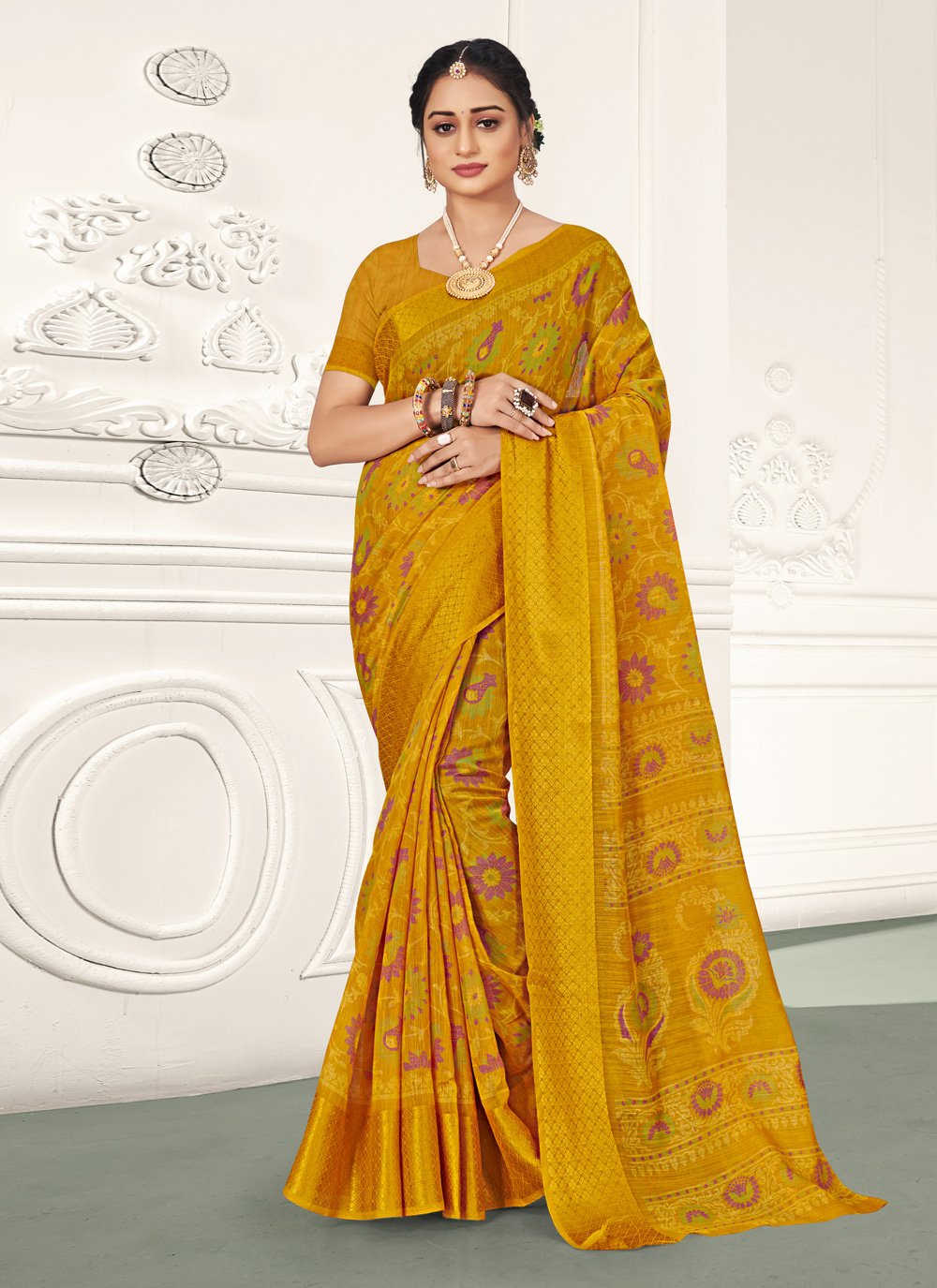 Traditional Saree Cotton Mustard Print Saree