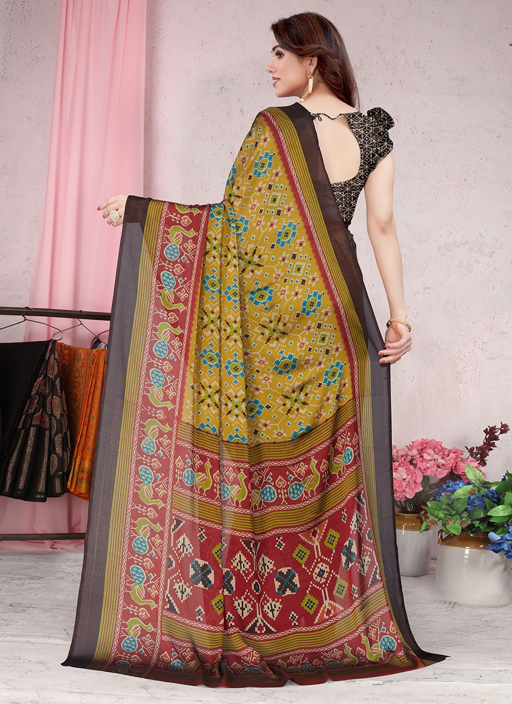 Classic Chiffon Mustard Patola Print Saree