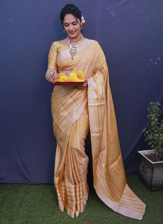 Contemporary Banarasi Silk Mustard Jacquard Work Saree