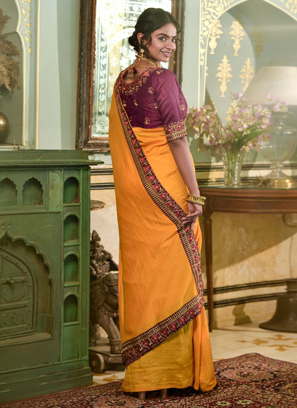 Classic Vichitra Silk Mustard Embroidered Saree