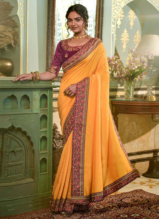 Classic Vichitra Silk Mustard Embroidered Saree