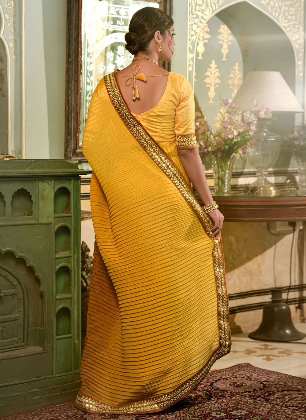 Classic Chinon Mustard Embroidered Saree