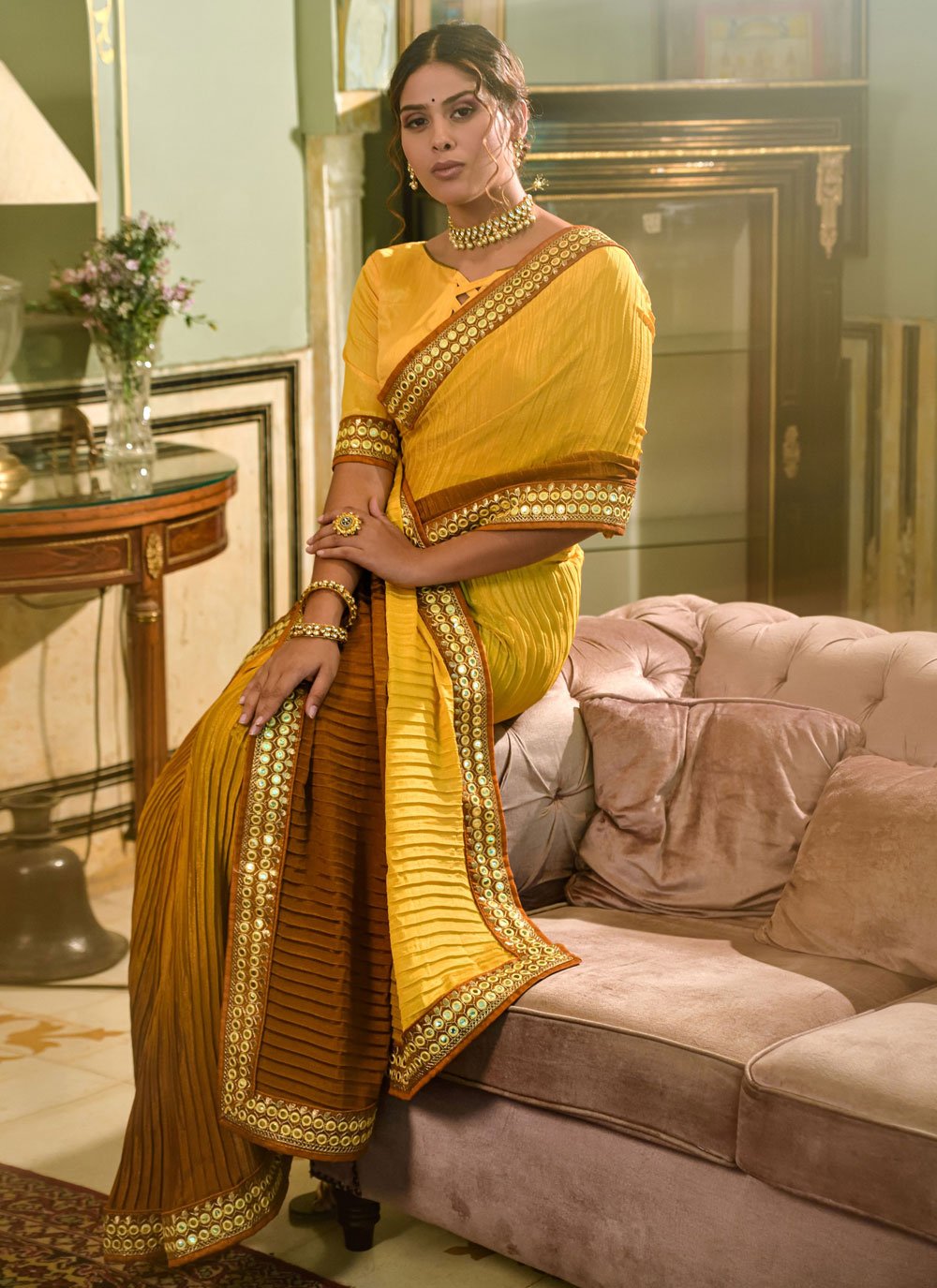 Classic Chinon Mustard Embroidered Saree