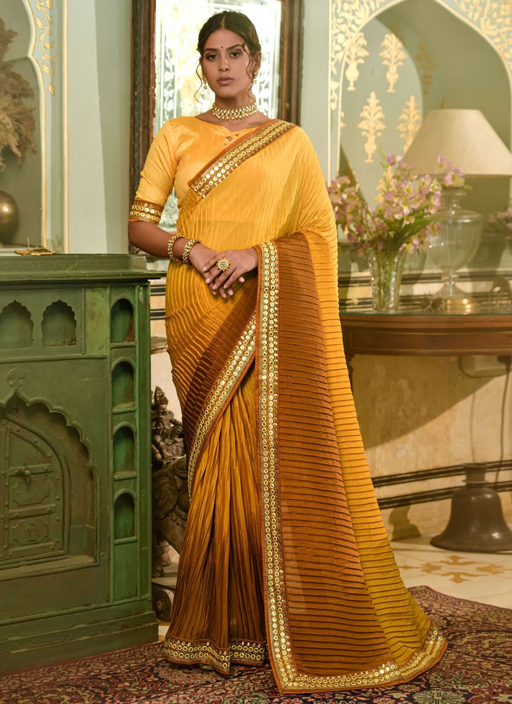 Classic Chinon Mustard Embroidered Saree