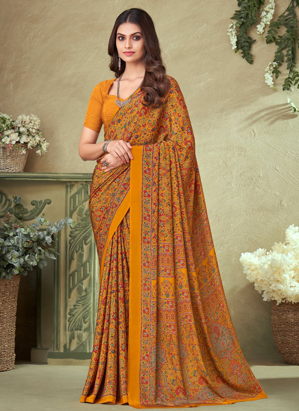 Classic Crepe Silk Mustard Print Saree