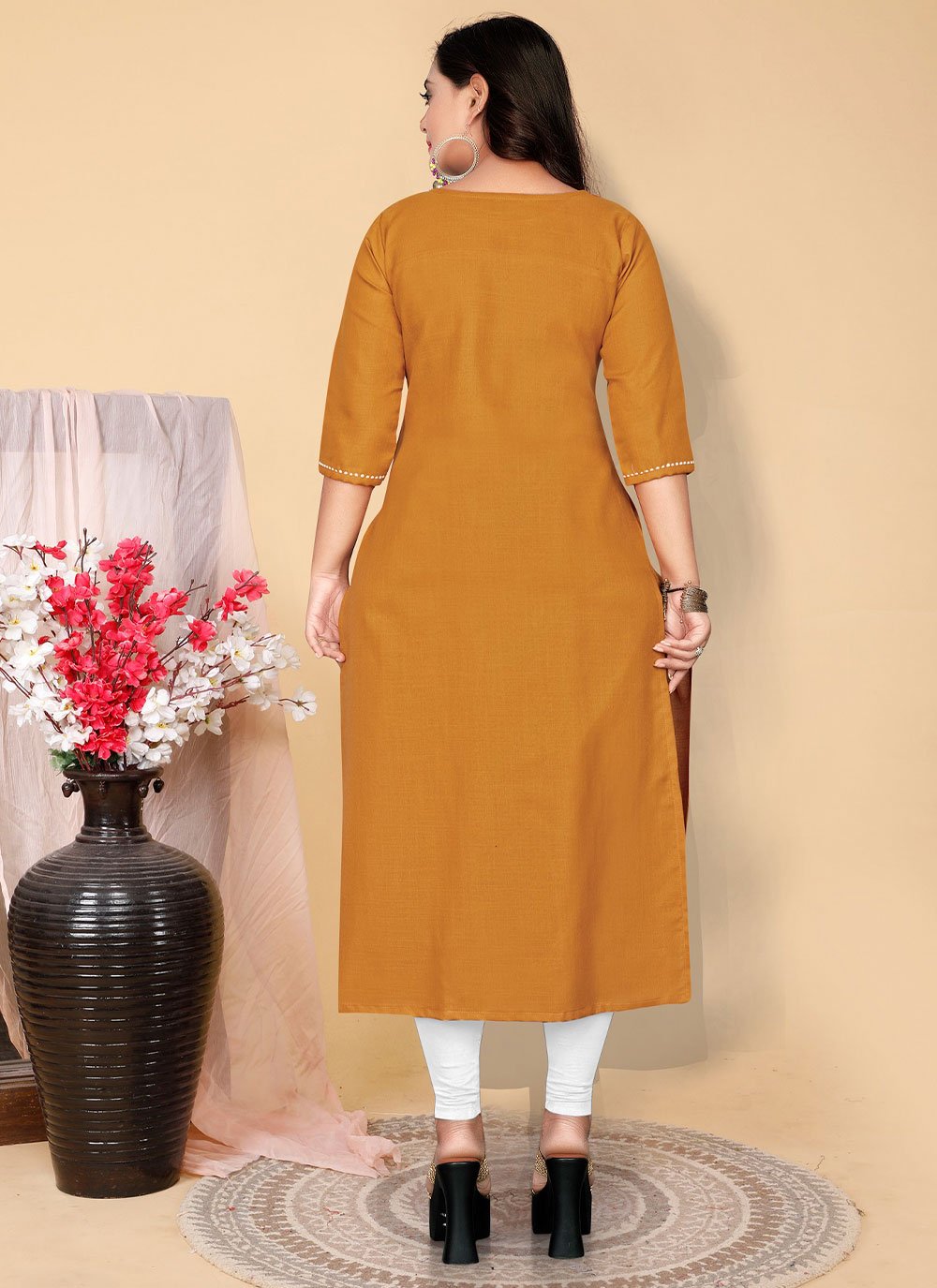 Casual Kurti Cotton Mustard Embroidered Kurtis