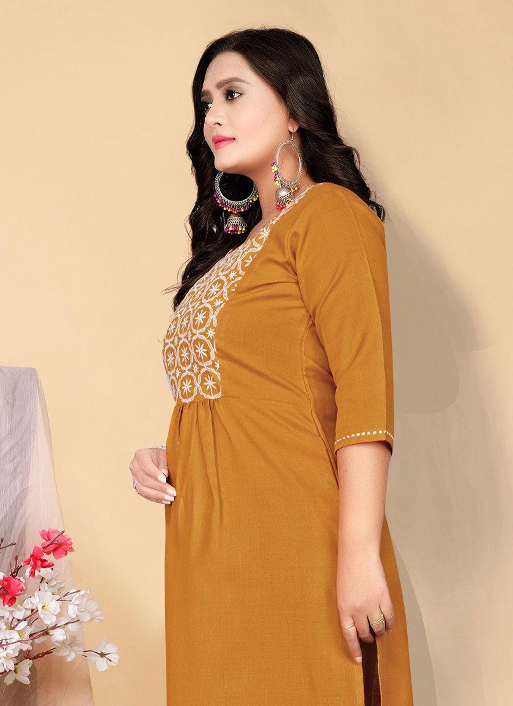 Casual Kurti Cotton Mustard Embroidered Kurtis