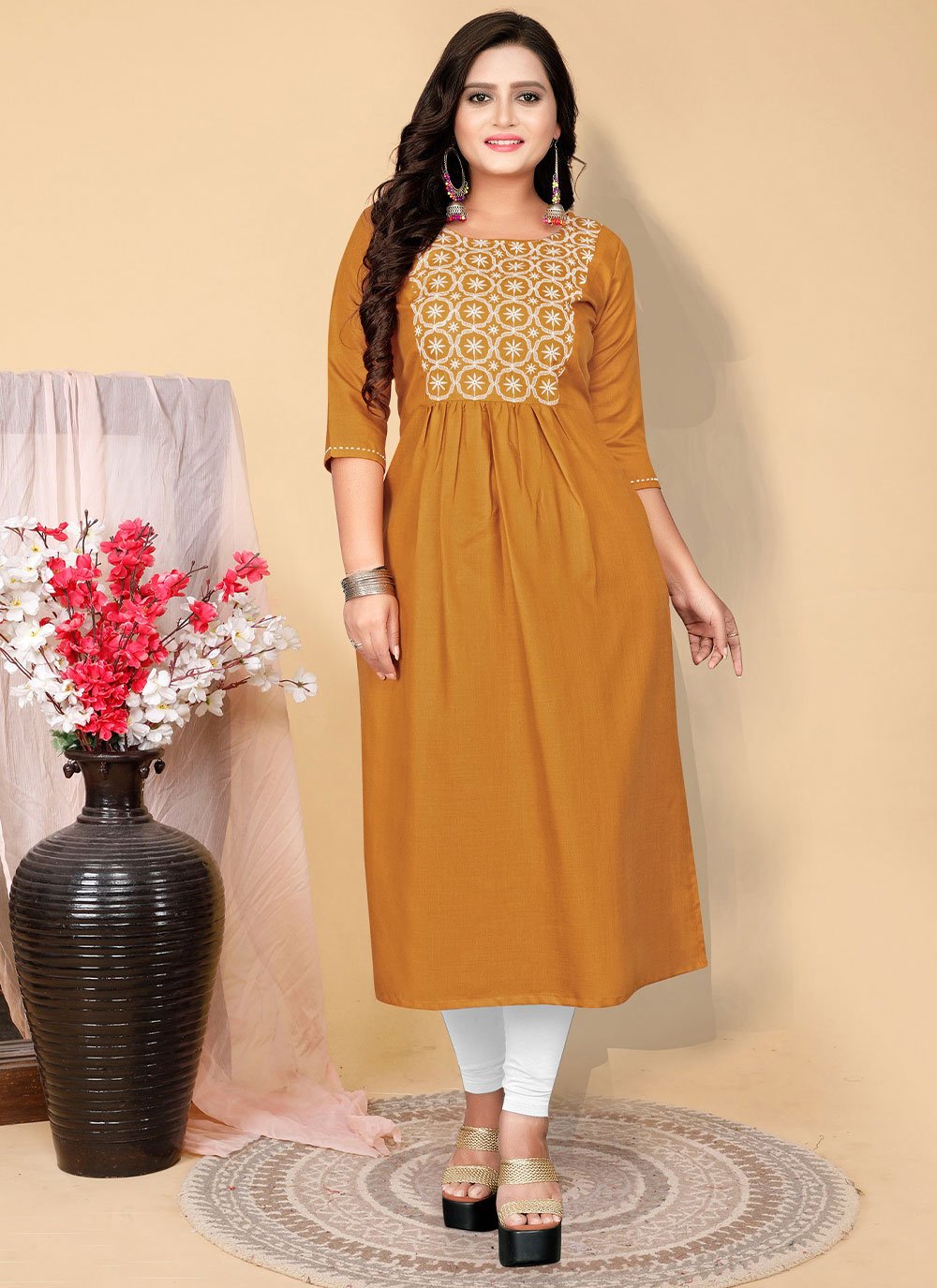 Casual Kurti Cotton Mustard Embroidered Kurtis