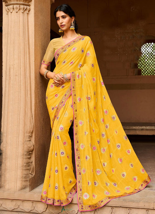 Classic Chiffon Mustard Foil Print Saree