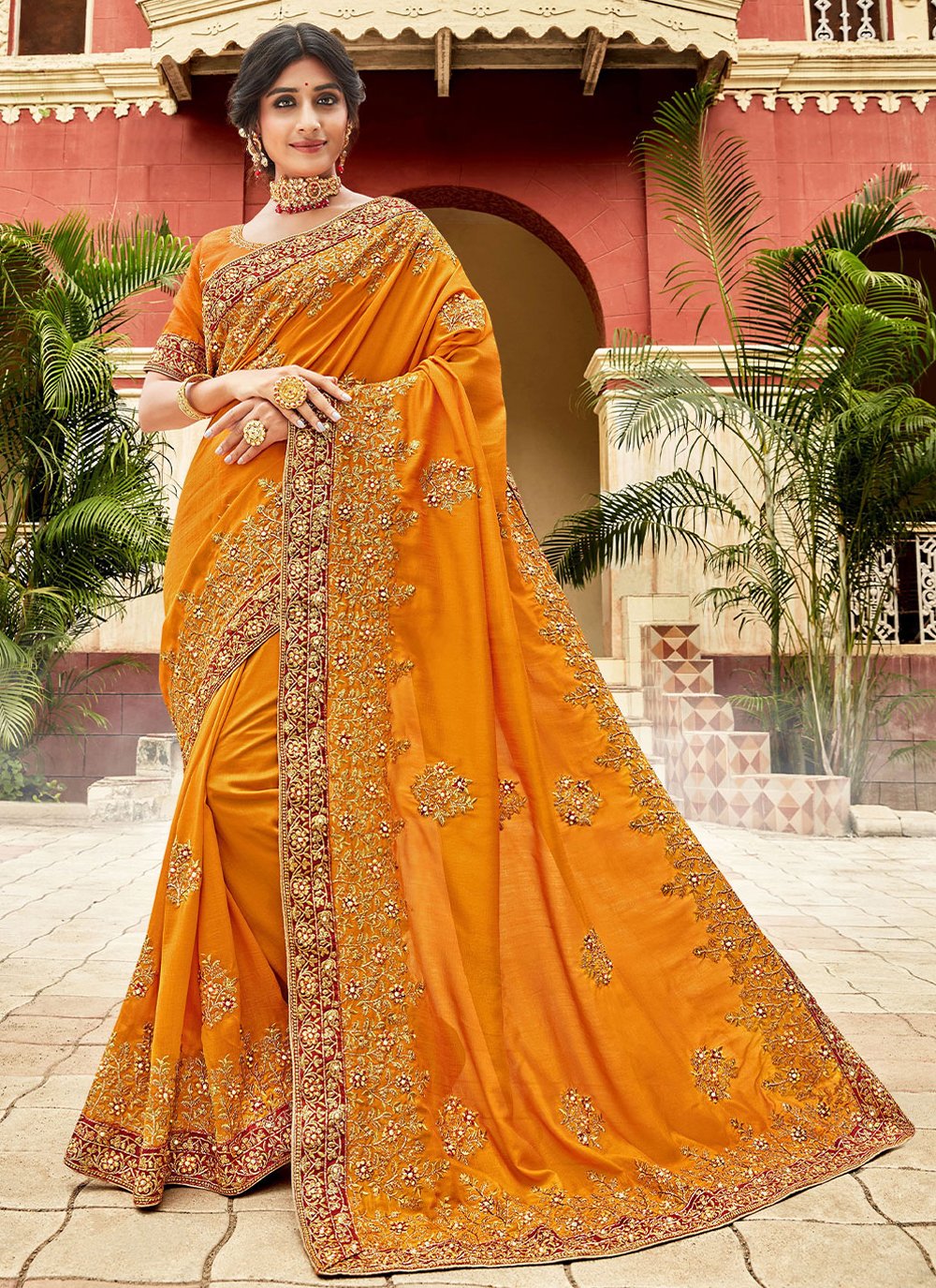 Classic Vichitra Silk Mustard Diamond Saree