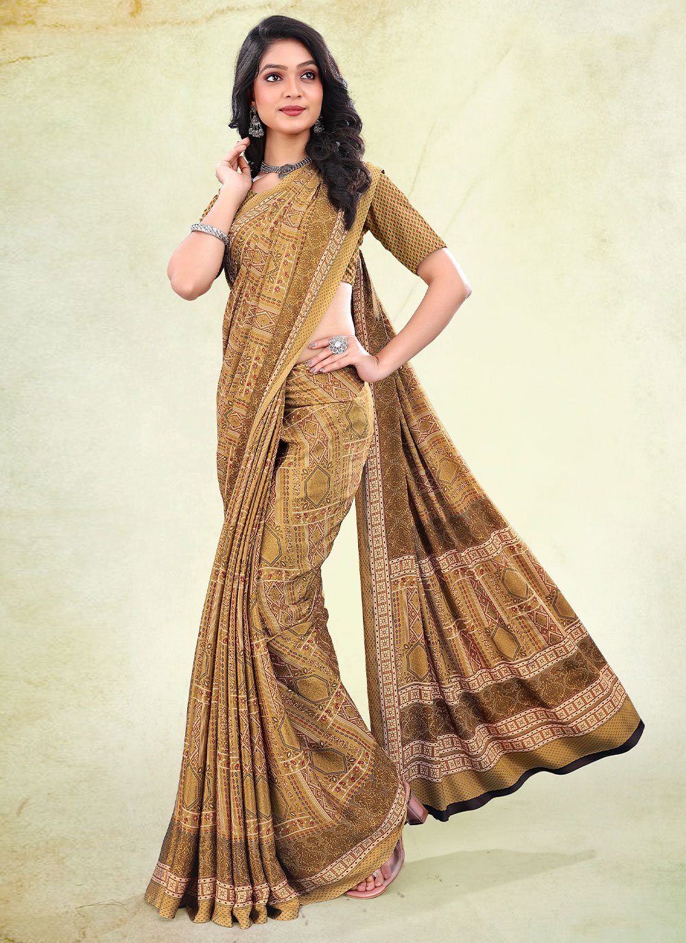 Contemporary Faux Crepe Mustard Print Saree