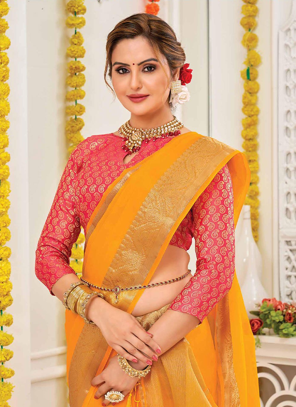 Contemporary Organza Silk Mustard Patch Border Saree