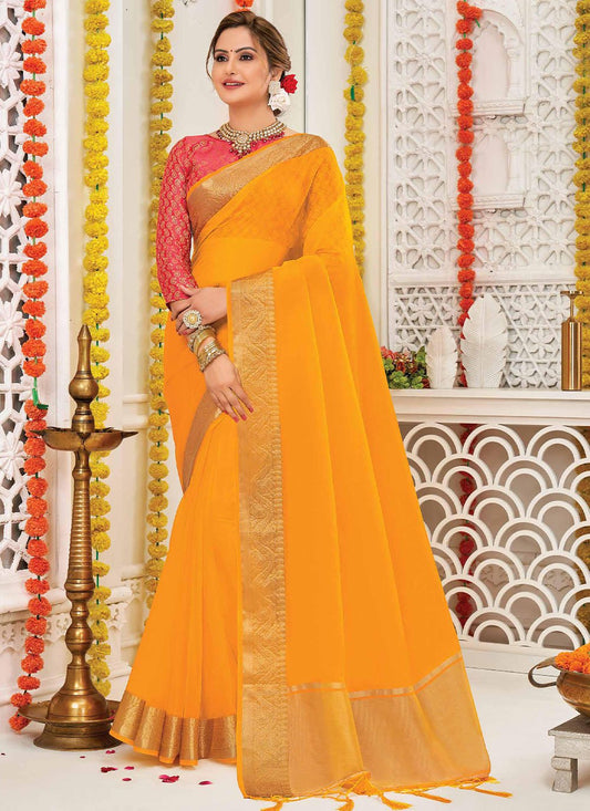 Contemporary Organza Silk Mustard Patch Border Saree