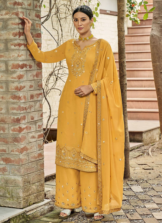 Floor Lenght Salwar Suit Georgette Satin Mustard Diamond Salwar Kameez