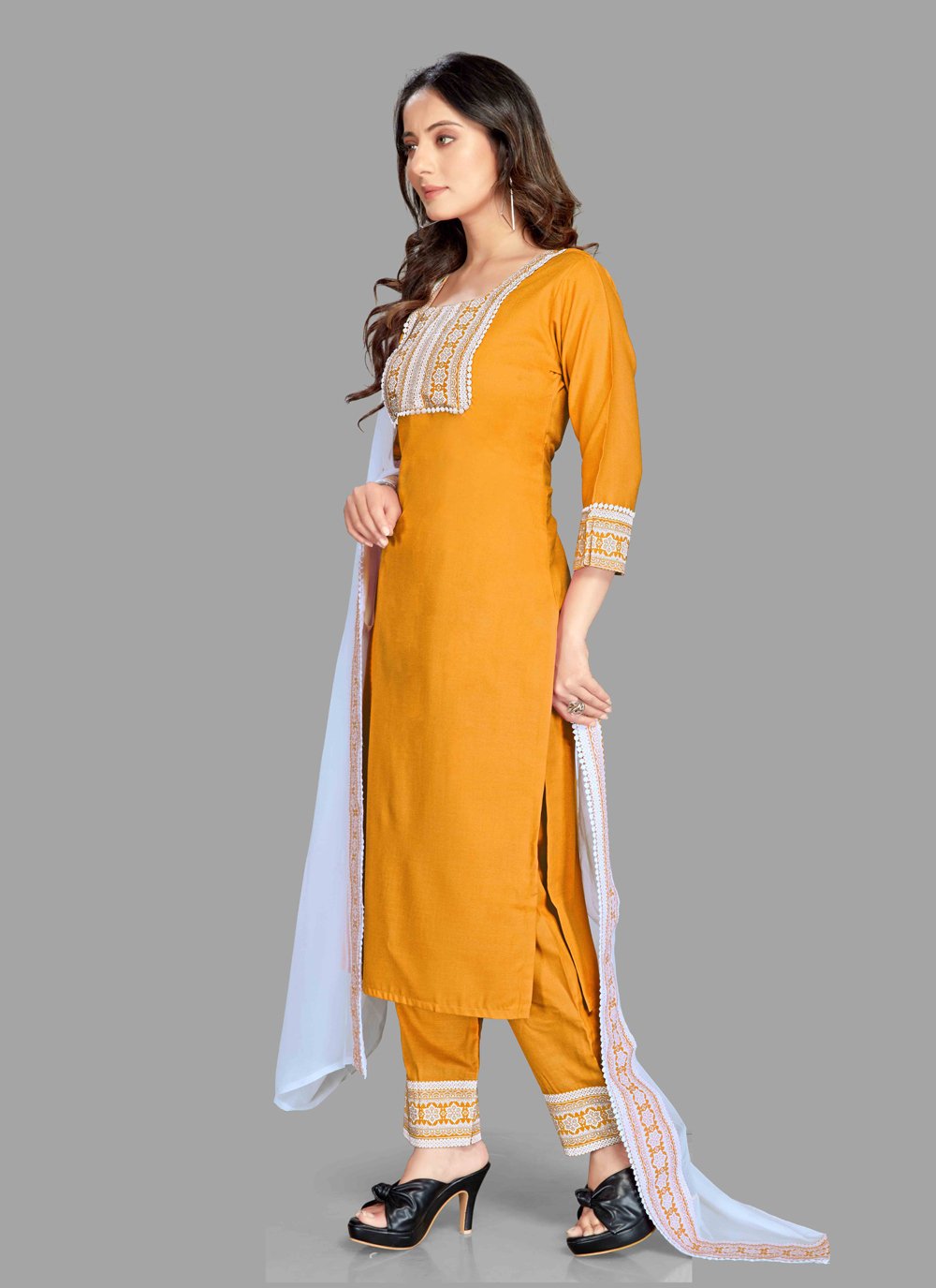 Pant Style Suit Blended Cotton Mustard Fancy Work Salwar Kameez