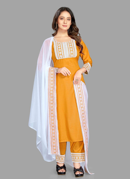 Pant Style Suit Blended Cotton Mustard Fancy Work Salwar Kameez