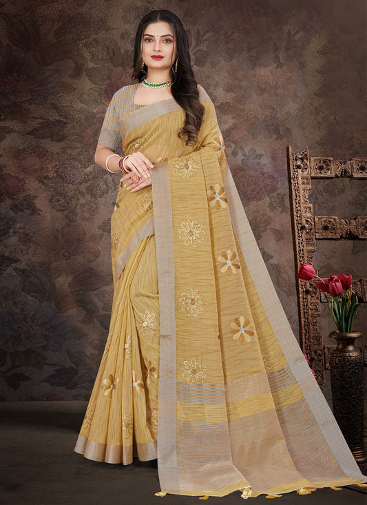 Classic Linen Mustard Embroidered Saree