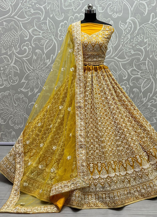 Lehenga Choli Net Mustard Embroidered Lehenga Choli