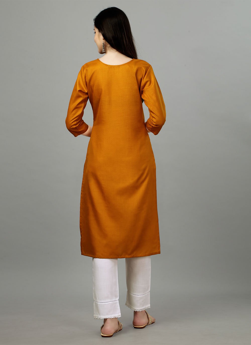 Party Wear Kurti Cotton Mustard Embroidered Kurtis