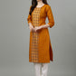 Party Wear Kurti Cotton Mustard Embroidered Kurtis