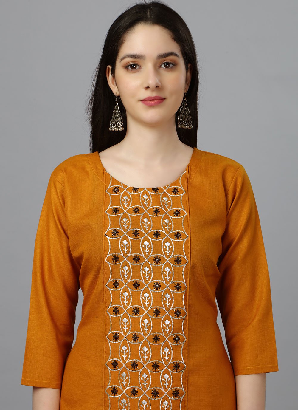 Party Wear Kurti Cotton Mustard Embroidered Kurtis