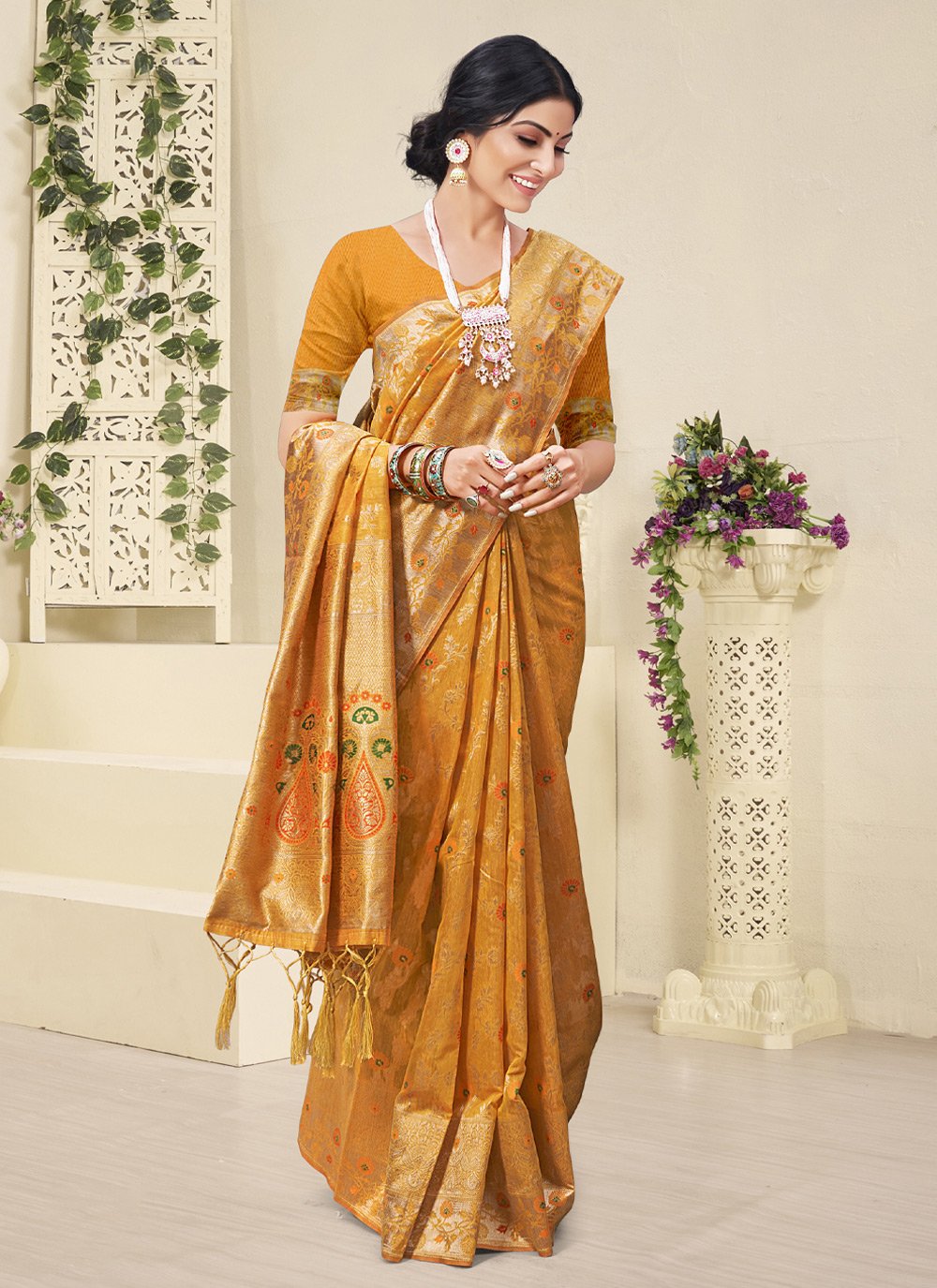 Classic Cotton Mustard Embroidered Saree