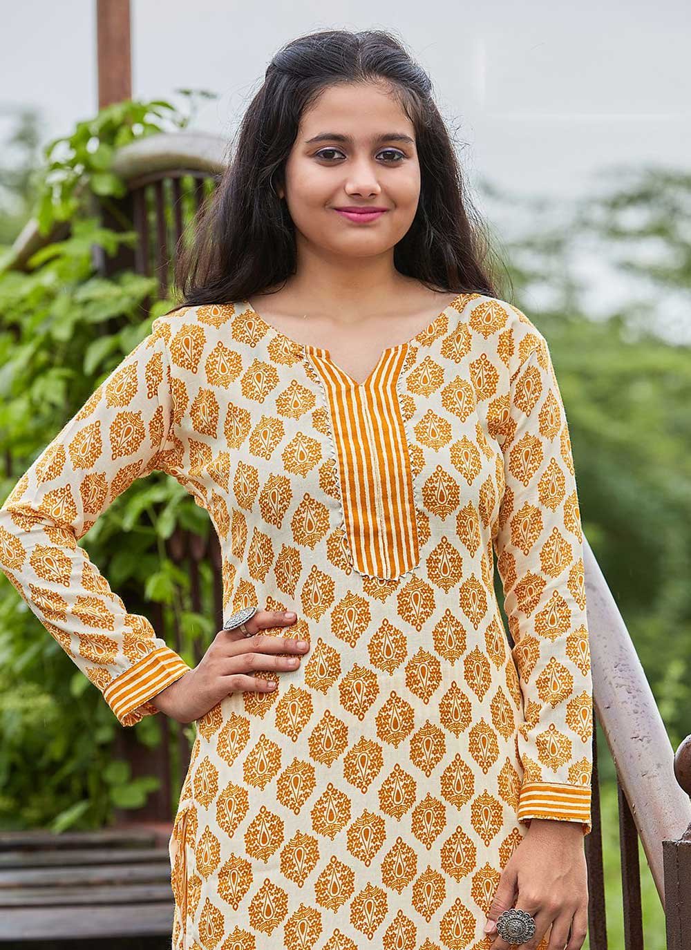 Designer Kurti Cotton Mustard Print Kurtis