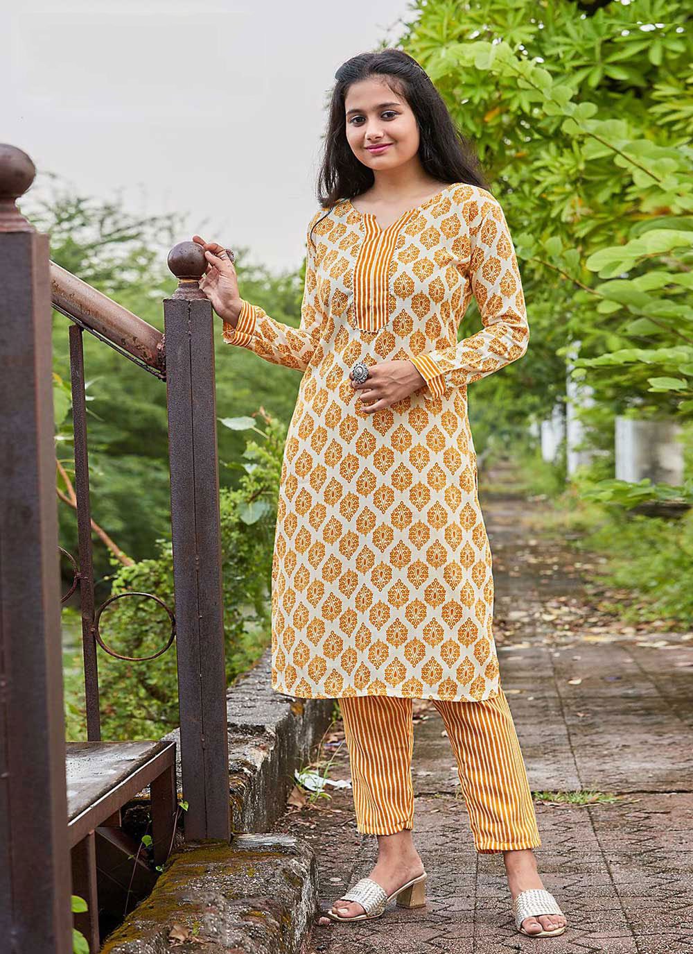 Designer Kurti Cotton Mustard Print Kurtis