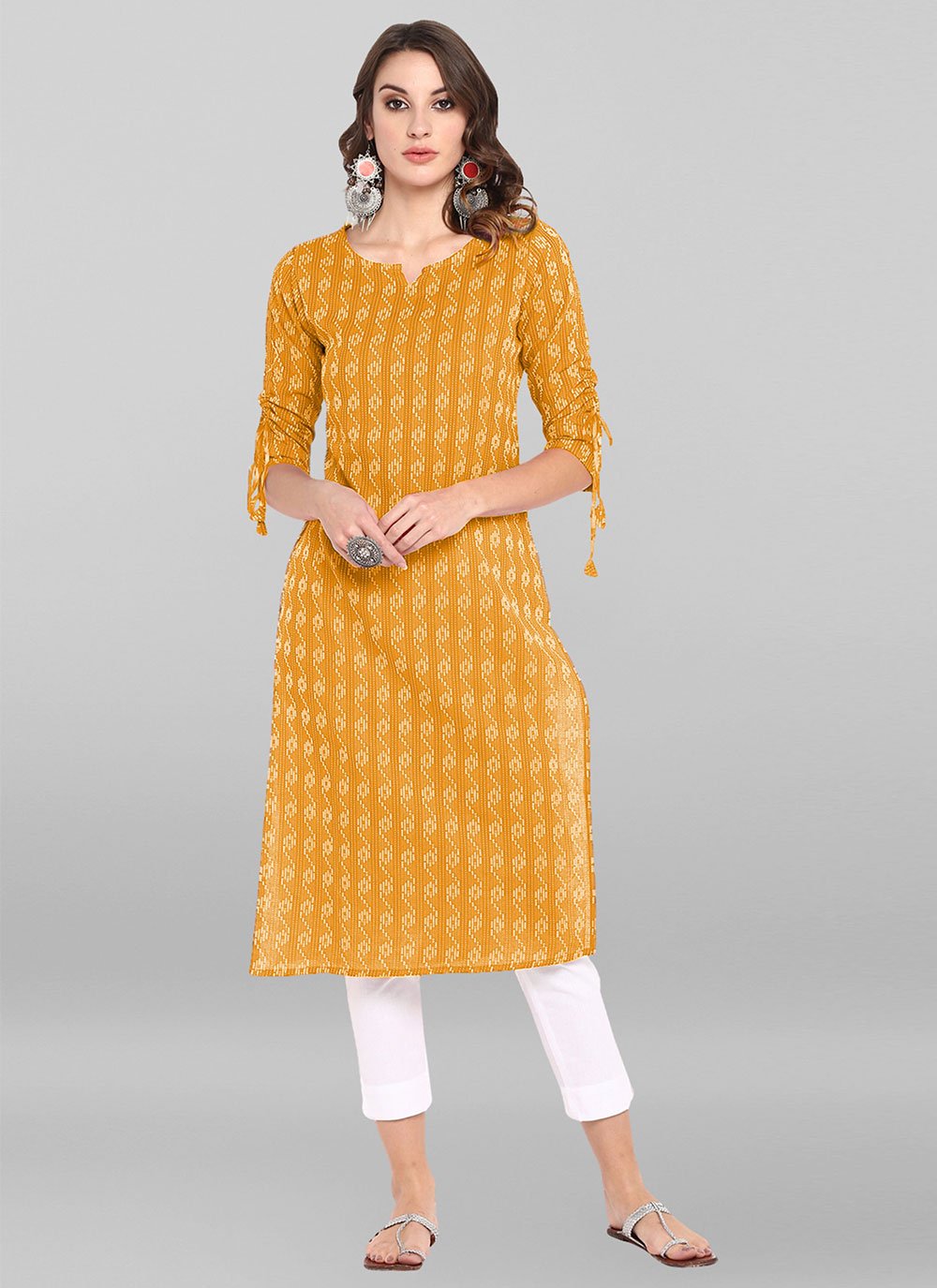 Designer Kurti Cotton Mustard Woven Kurtis