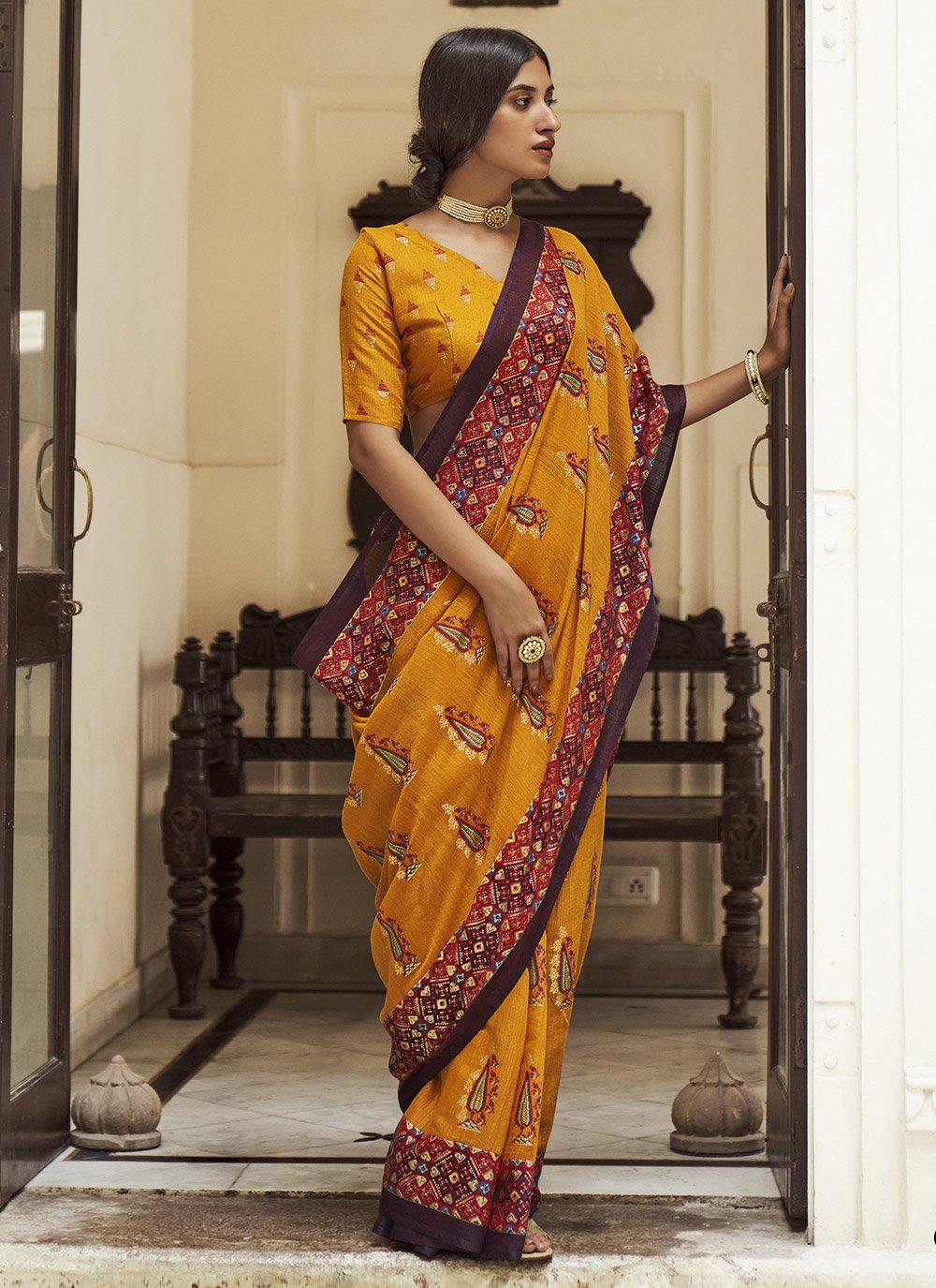 Casual Cotton Mustard Foil Print Saree