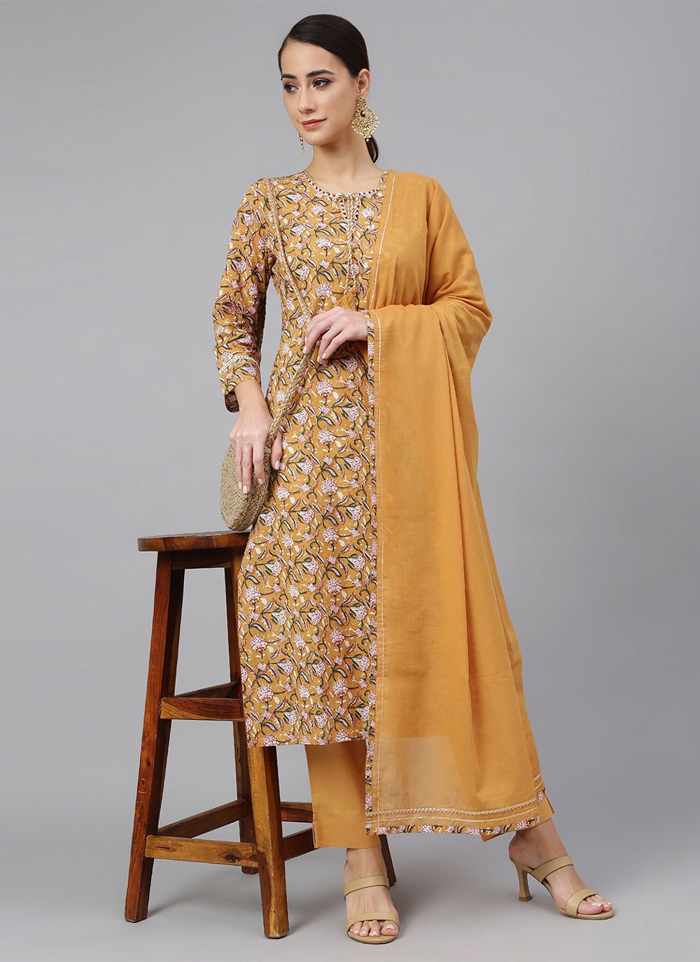 Salwar Suit Cotton Mustard Floral Patch Salwar Kameez