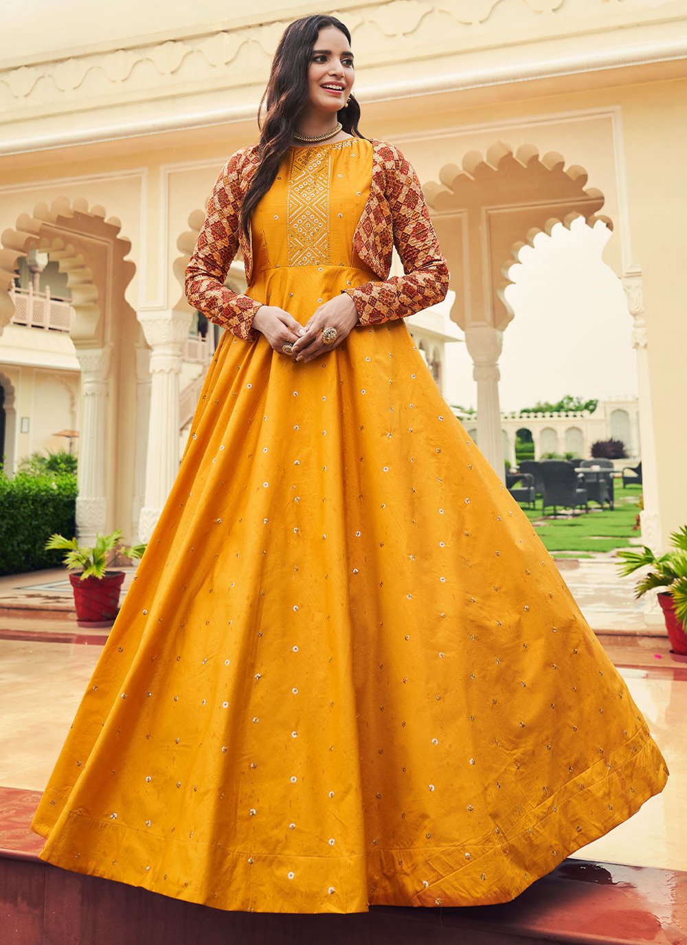 Gown Cotton Mustard Embroidered Gown