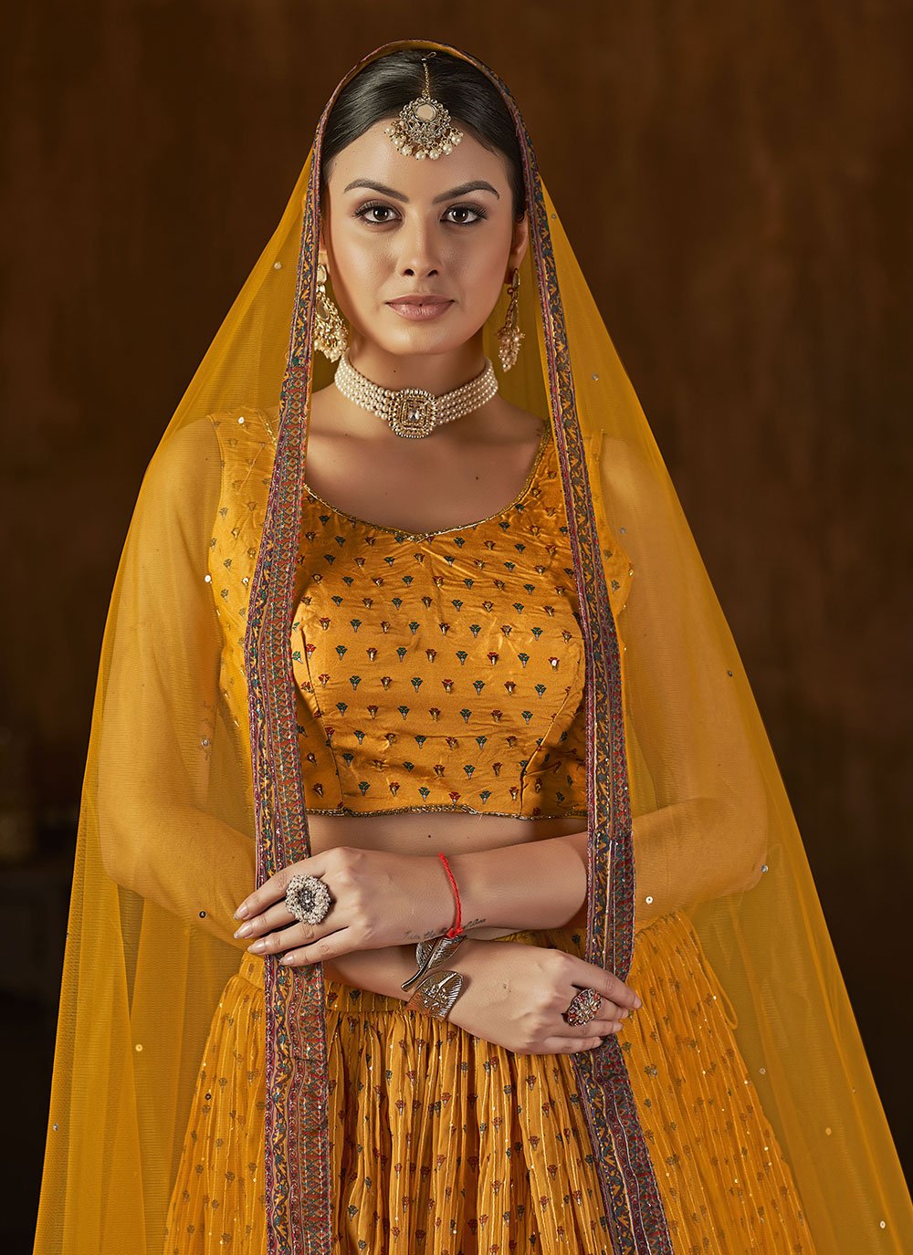 A Line Lehenga Crush Georgette Mustard Digital Print Lehenga Choli