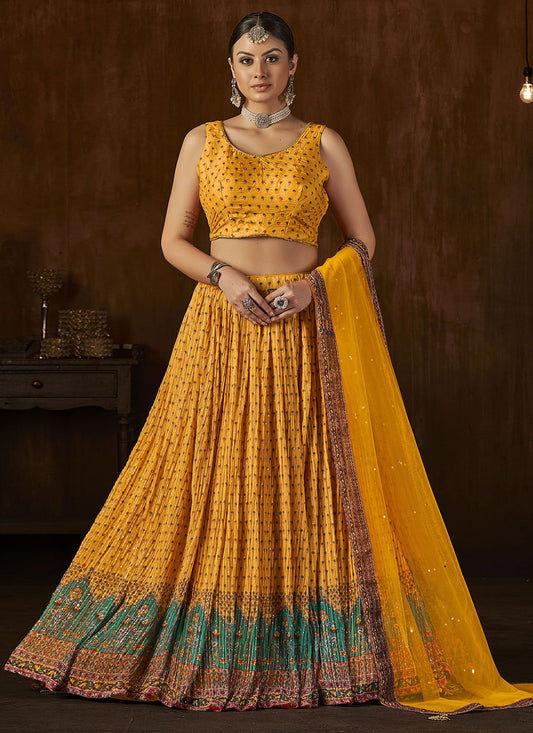 A Line Lehenga Crush Georgette Mustard Digital Print Lehenga Choli