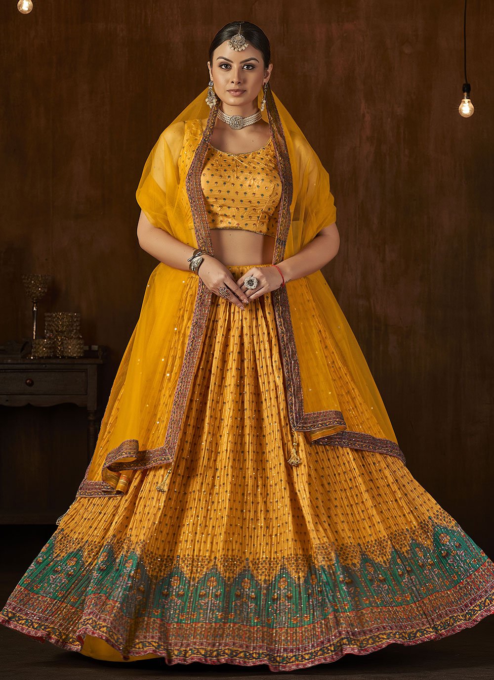 A Line Lehenga Crush Georgette Mustard Digital Print Lehenga Choli