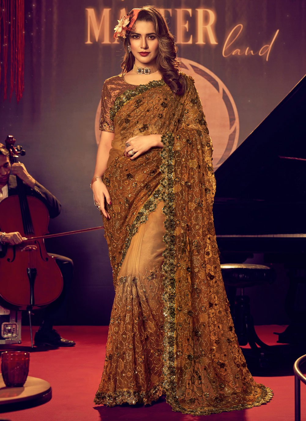 Trendy Saree Lycra Net Mustard Cut Dana Saree