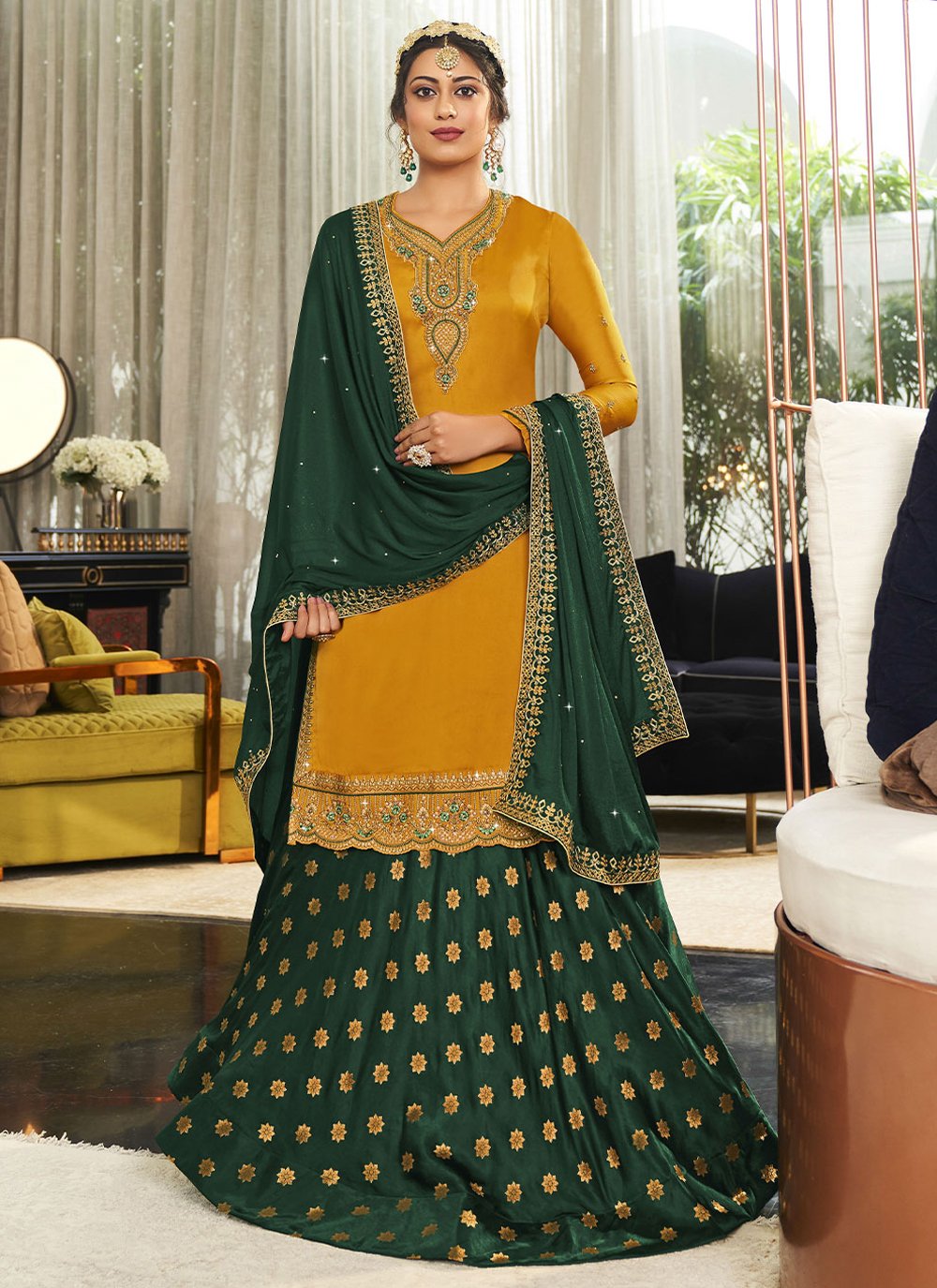 Lehenga Choli Georgette Satin Mustard Embroidered Lehenga Choli