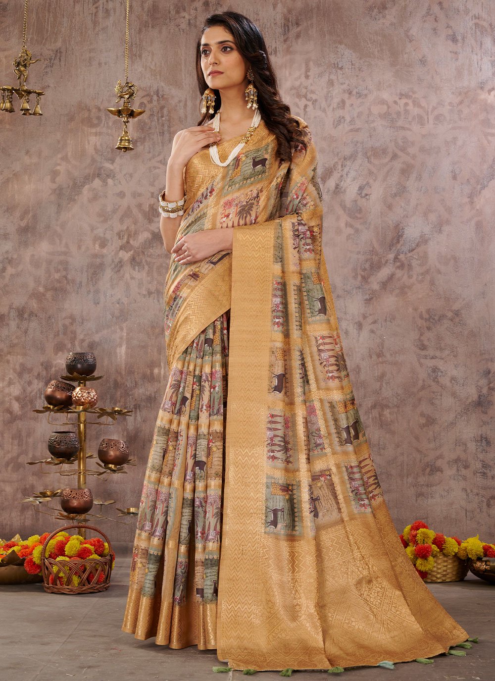 Designer Cotton Mustard Digital Print Saree